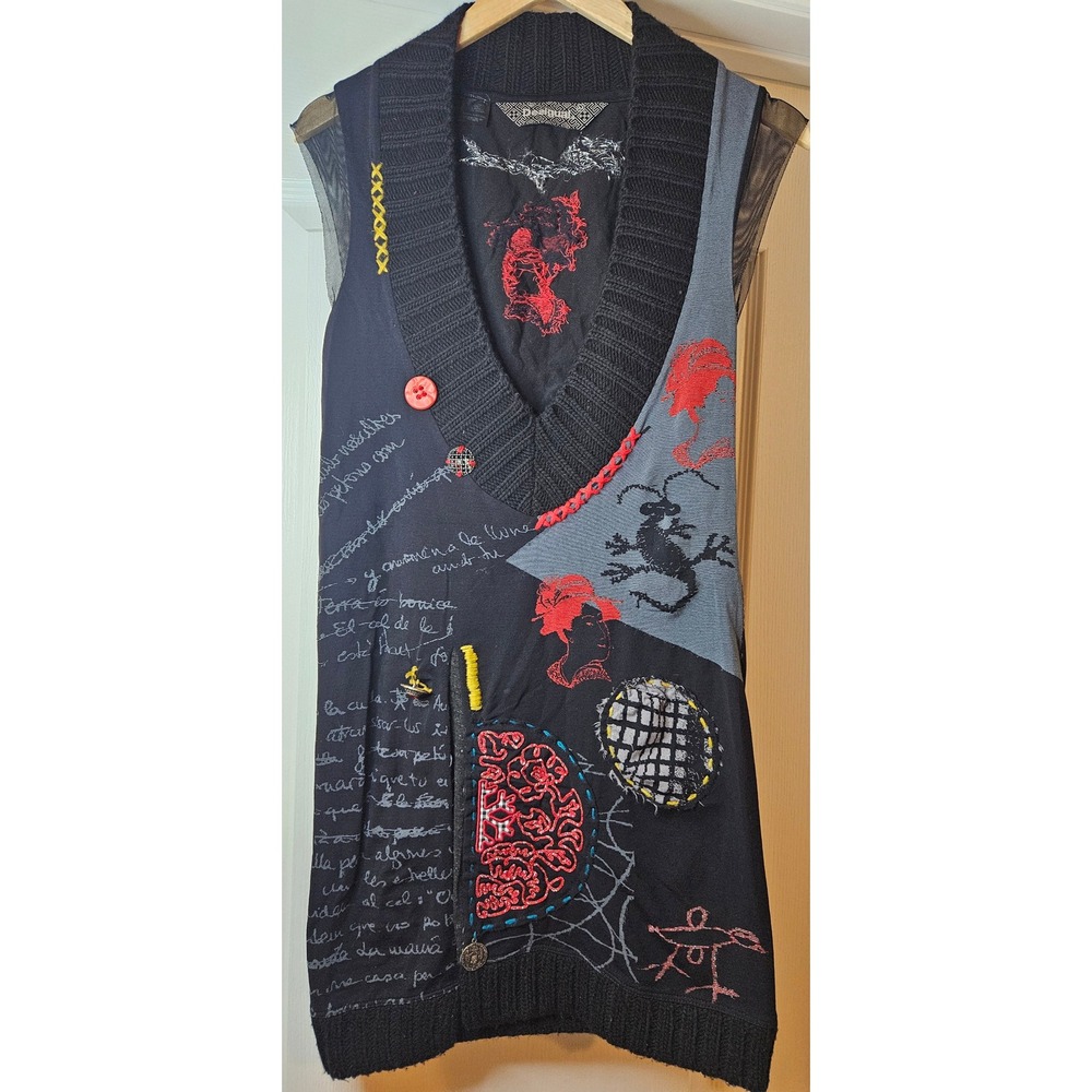 Desigual Patchwork Embroidered Knit Tunic Vest Black Boho Goth Y2K Whimsygoth - Picture 3 of 14